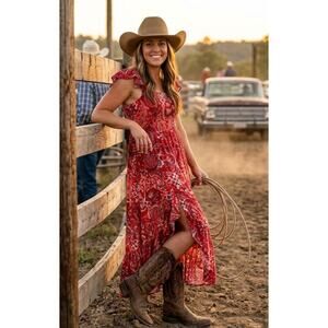 Aveology Plus Size 18 20 Red Paisley Midi Dress Boho Smocked Ruffle Cotton EUC